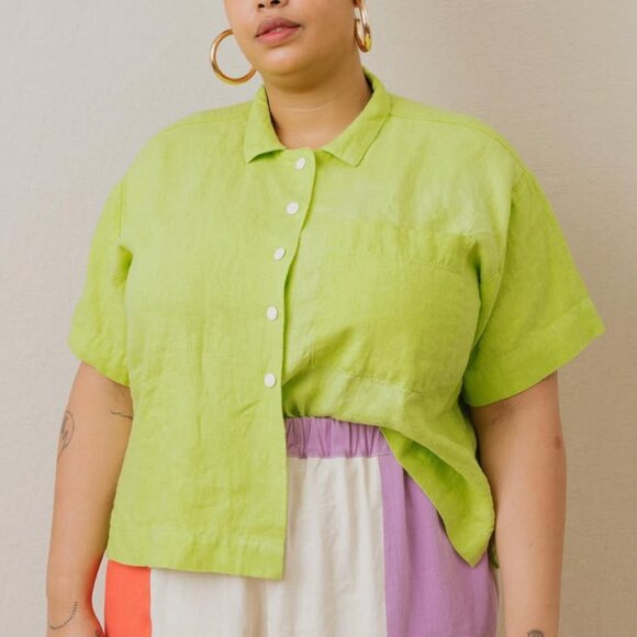 NETTLE STUDIOS Boxy Collared Top in Limeade Green Linen - Slow Fashion - Size OS - Picture 10 of 12